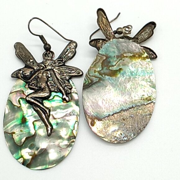 Abalone Shell Fairy Design Dangle Earrings Unique - Picture 3 of 12